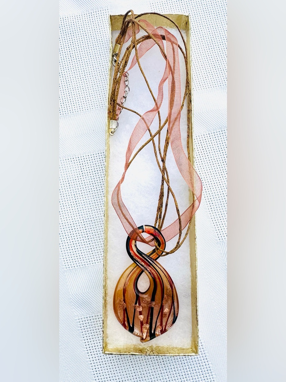 Murano Style Art Glass Amber Copper Infinity Pendant Necklace w/Claw Clasp
